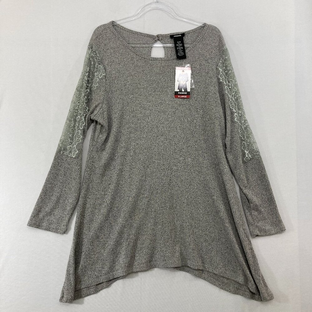 New Premise Tunic size XL Gray Stretch Rib Knit Lace Detail Shark-bite Hem Top